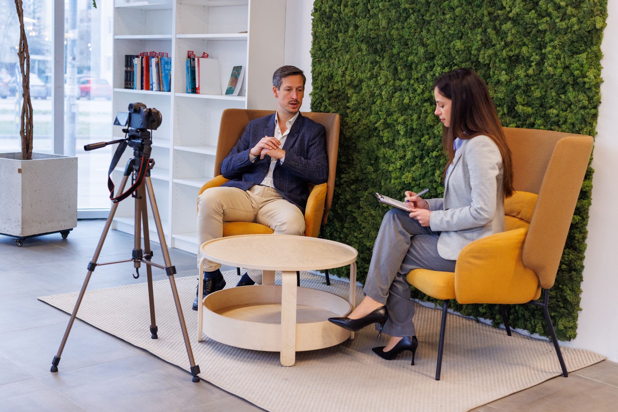 A founder being interviewed on camera for a media feature